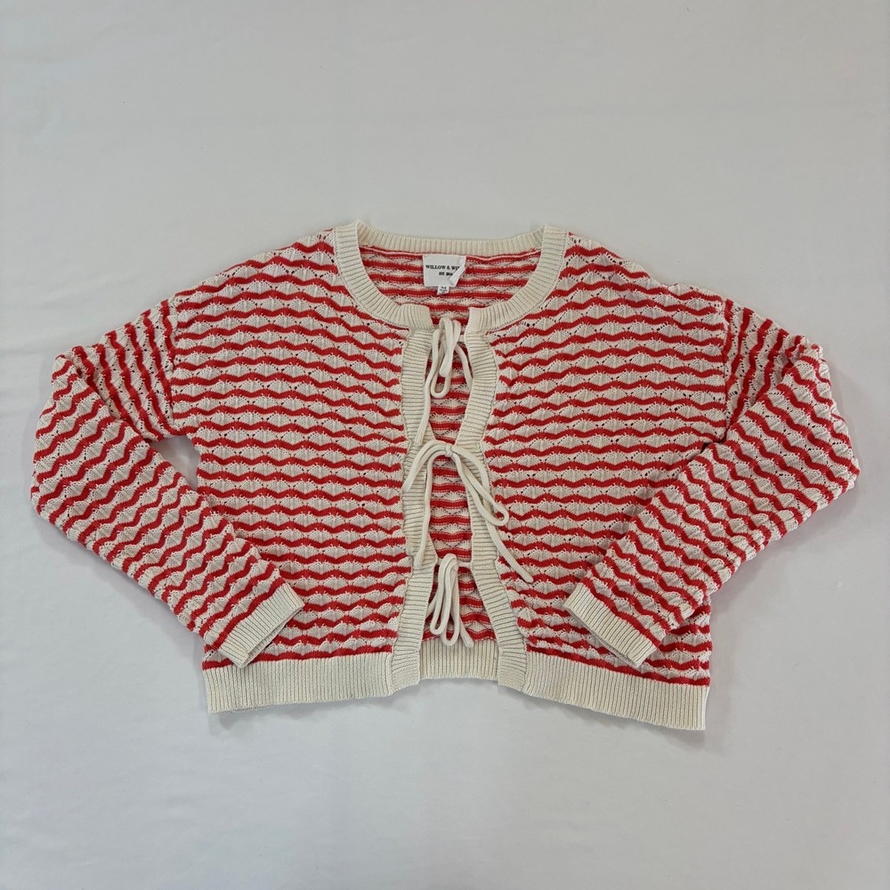 Willow & Wind Coral Cream Stripe Tie Front Pointelle Knit Cardigan Sweater M